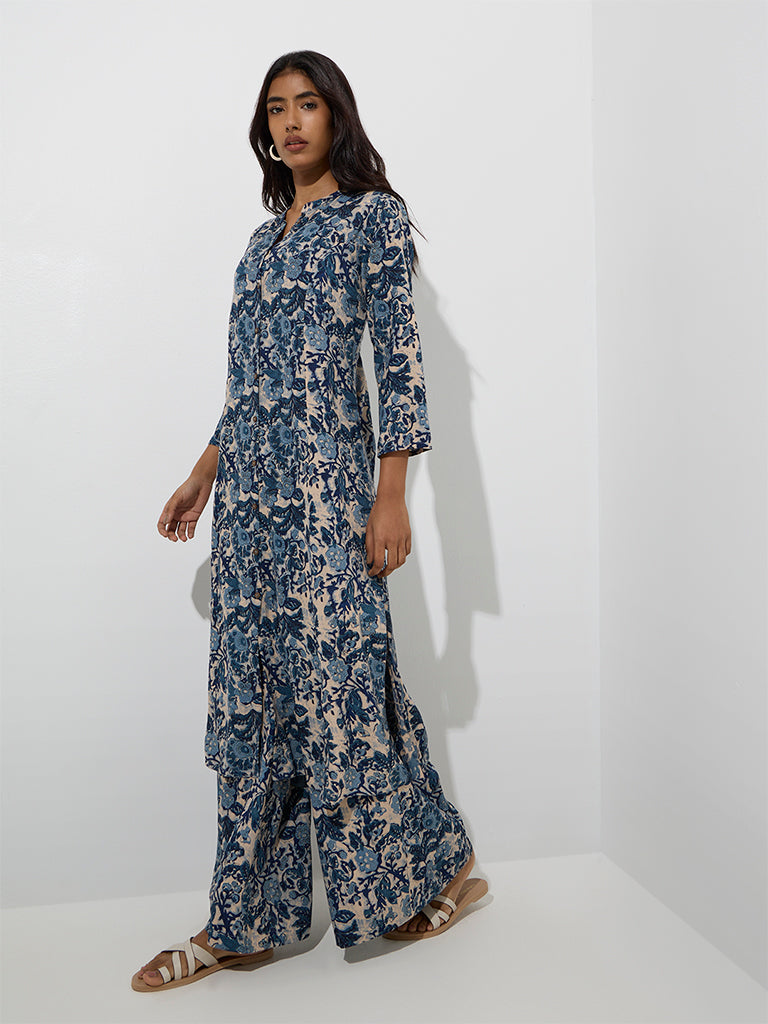 Westside Utsa Women's Indigo Floral Detailed A-Line Kurta for Work Wear Front View