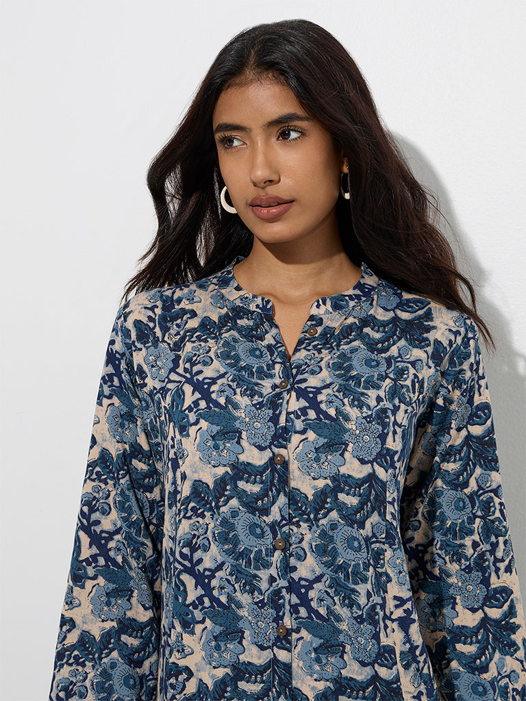 Westside Utsa Women's Indigo Floral Detailed A-Line Kurta for Work Wear Zoomed View