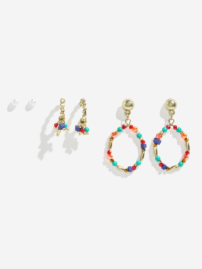 Westside Accessories Multicolour Beaded Stud & Hoop Earrings Set - Pack of 3