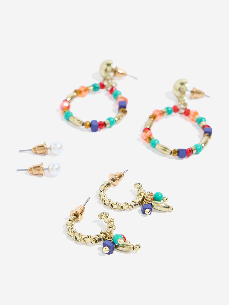 Westside Accessories Multicolour Beaded Stud & Hoop Earrings Set - Pack of 3