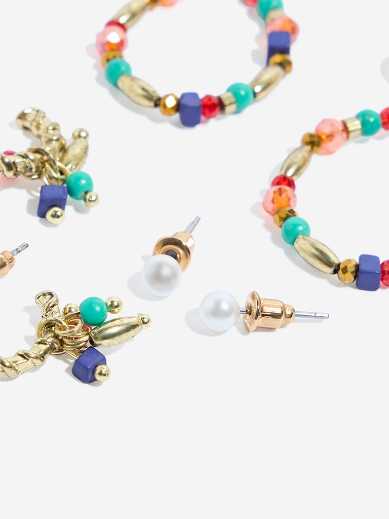 Westside Accessories Multicolour Beaded Stud & Hoop Earrings Set - Pack of 3