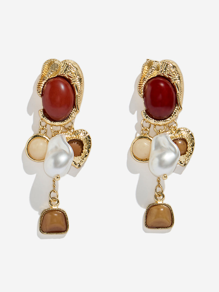 Westside Accessories Gold & Maroon Elephant Motif Heavy Dangler Earrings
