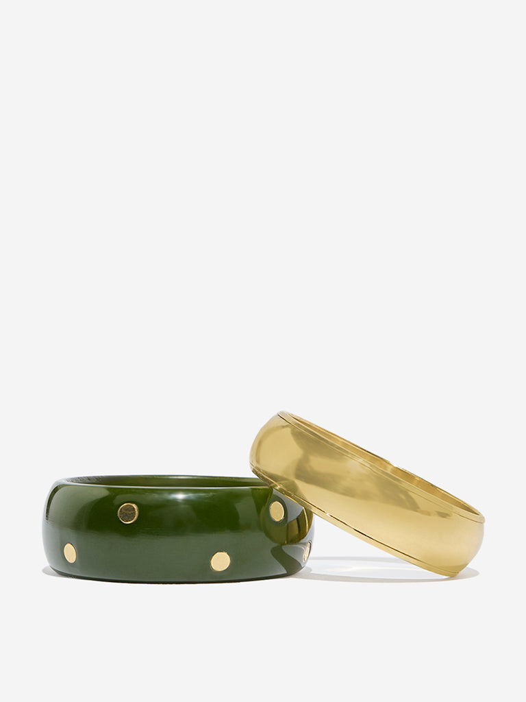Westside Accessories Gold & Green Stamped Broad Resin Bangles Set - Pack of 2