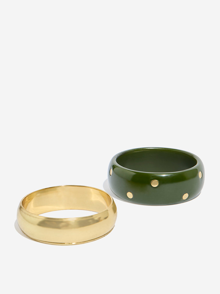 Westside Accessories Gold & Green Stamped Broad Resin Bangles Set - Pack of 2