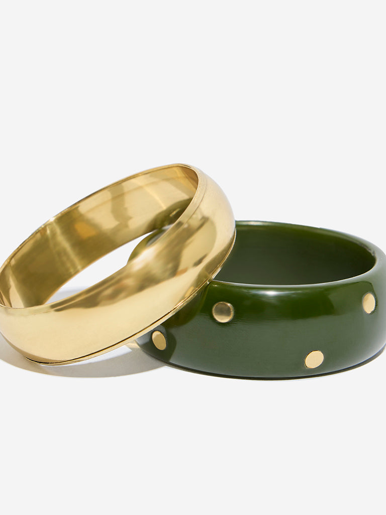Westside Accessories Gold & Green Stamped Broad Resin Bangles Set - Pack of 2
