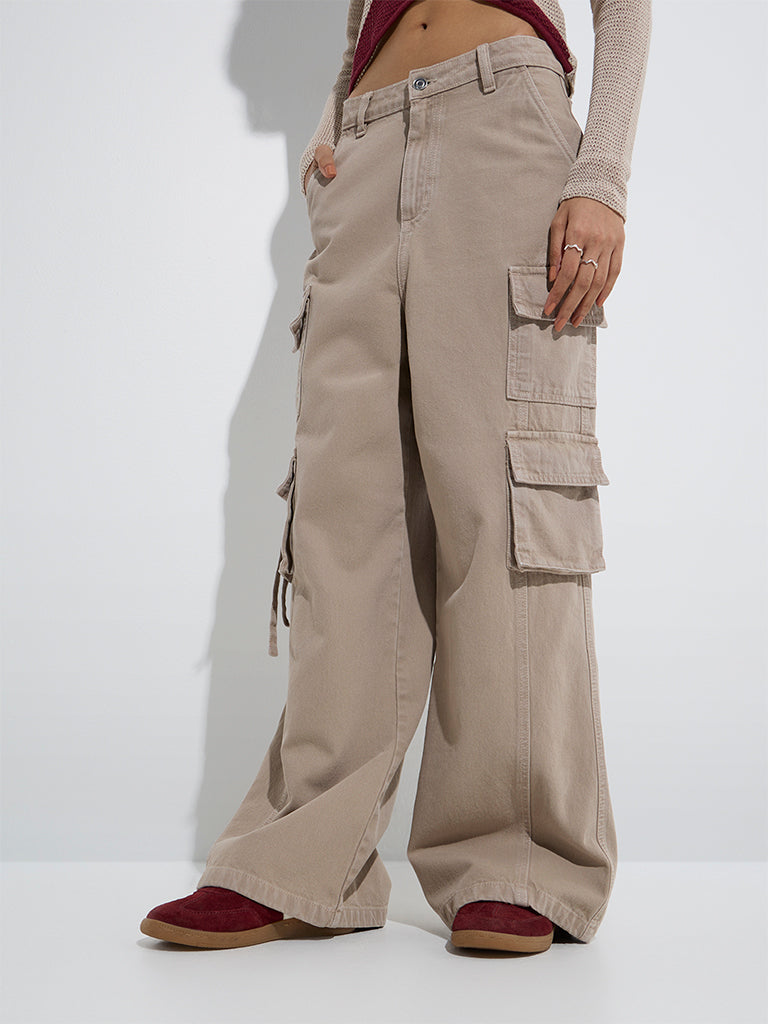 Westside Nuon Women's Beige Cargo-Style Relaxed-Fit High-Rise Jeans for Casual Wear Front  View
