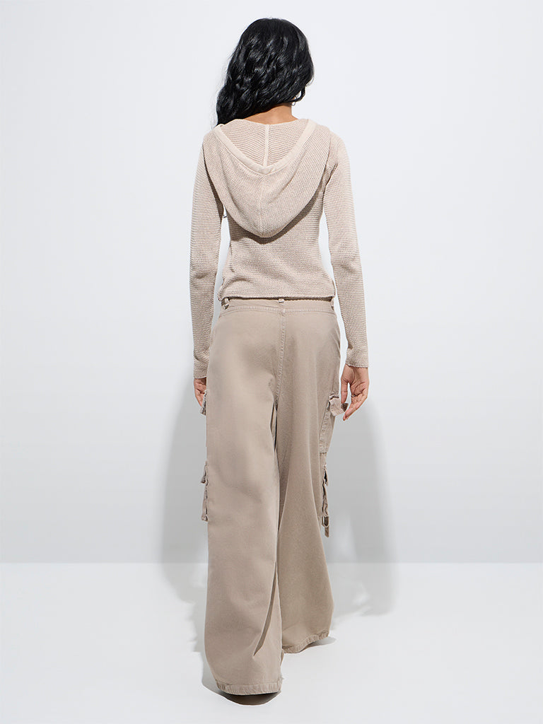 Westside Nuon Women's Beige Cargo-Style Relaxed-Fit High-Rise Jeans for Casual Wear Back View