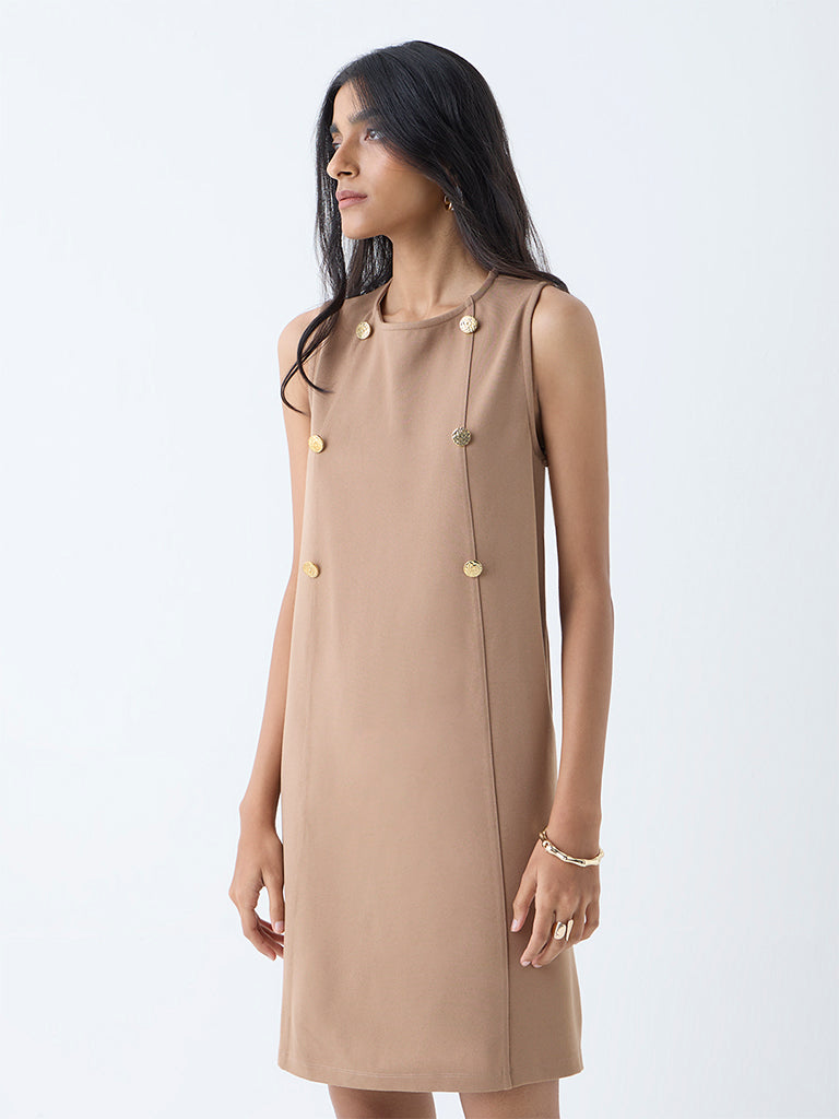 Westside Wardrobe Women's Beige Button-Detailed Shift Dress for Work Wear Front View