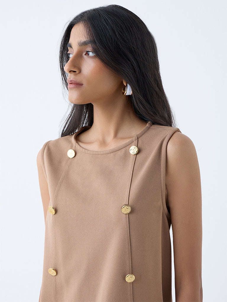 Westside Wardrobe Women's Beige Button-Detailed Shift Dress for Work Wear Zoomed View