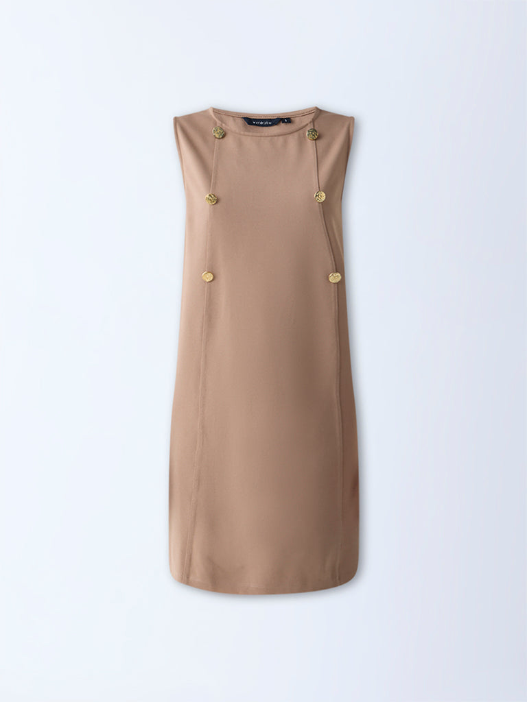 Westside Wardrobe Women's Beige Button-Detailed Shift Dress for Work Wear Flatly