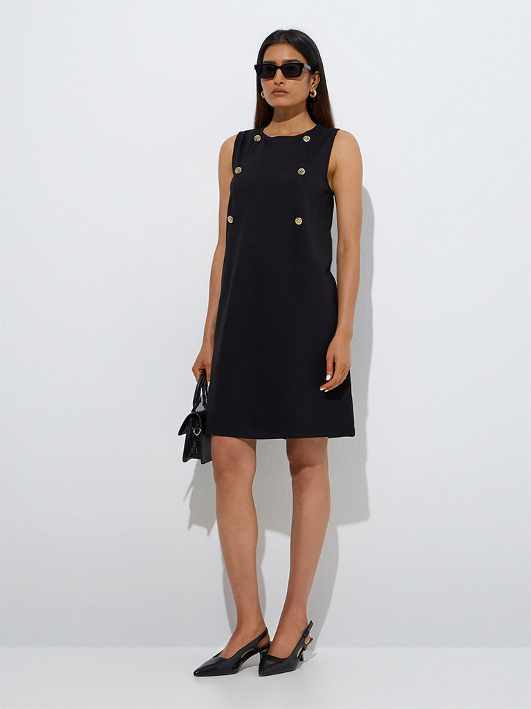 Westside Wardrobe Women's Black Solid Shift Dress for Work Wear Full View