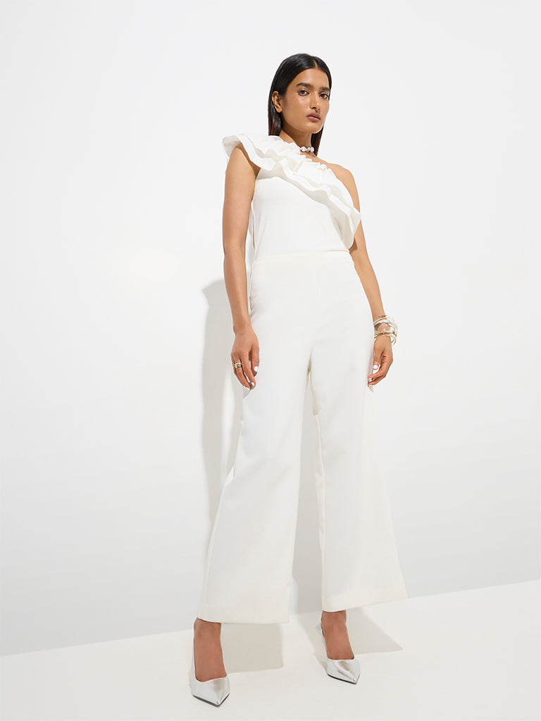 Westside Wardrobe Women's White Ruffle One Shoulder Cotton-Blend Top for Work Wear Full View