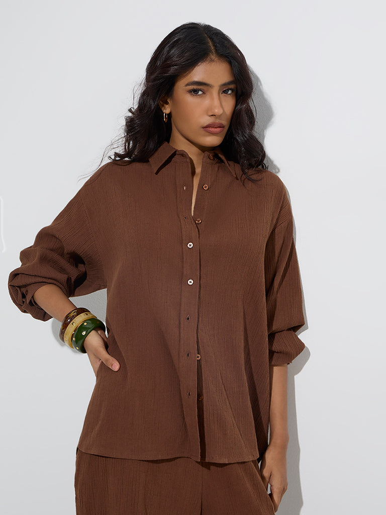 Westside LOV Women's Brown Crinkle-Textured Cotton-Blend Shirt for Casual Wear Front View