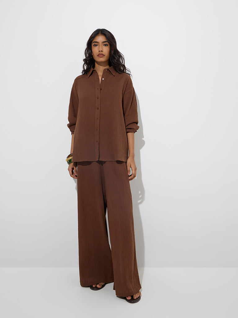 Westside LOV Women's Brown Crinkle-Textured Cotton-Blend Shirt for Casual Wear Full Model View