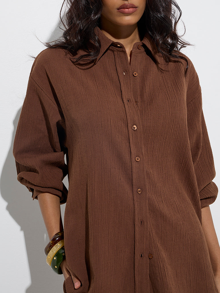 Westside LOV Women's Brown Crinkle-Textured Cotton-Blend Shirt for Casual Wear Zoom View