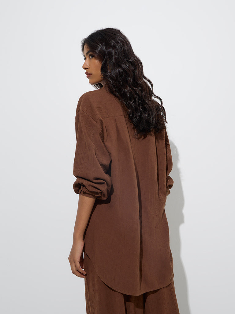 Westside LOV Women's Brown Crinkle-Textured Cotton-Blend Shirt for Casual Wear Back View