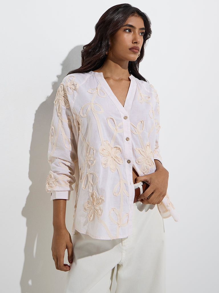 Westside LOV Women's Off-White Floral Detailed Cotton Blouse for Casual Wear Front View