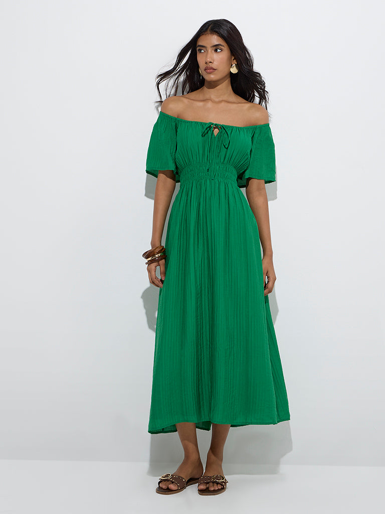 Westside LOV Women's Green Plisse Off-Shoulder Dress for Casual Wear Front View