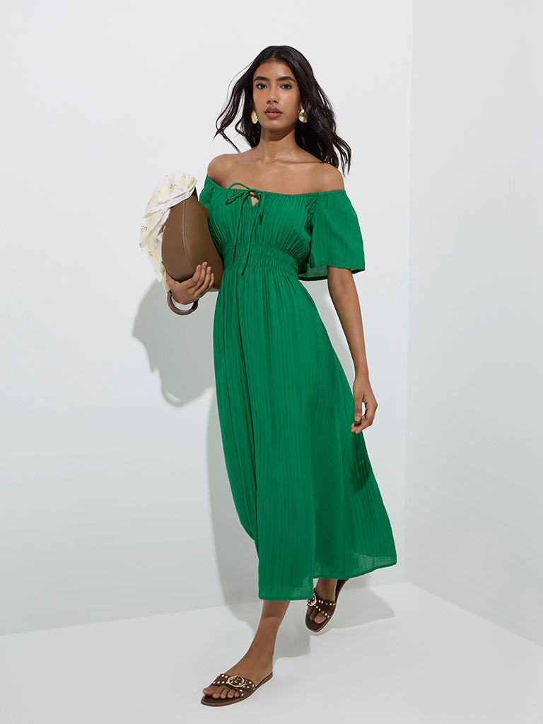 Westside LOV Women's Green Plisse Off-Shoulder Dress for Casual Wear Full Model View