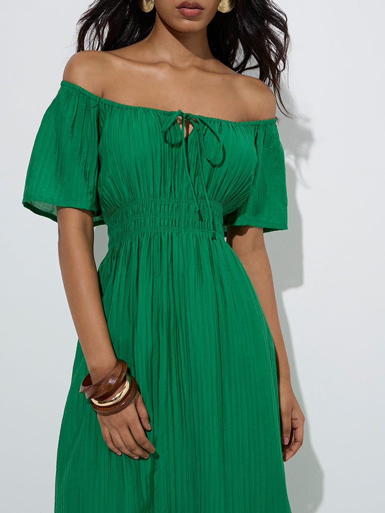 Westside LOV Women's Green Plisse Off-Shoulder Dress for Casual Wear Zoom View