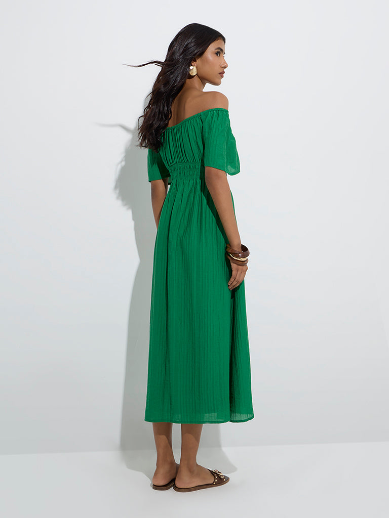 Westside LOV Women's Green Plisse Off-Shoulder Dress for Casual Wear Back View