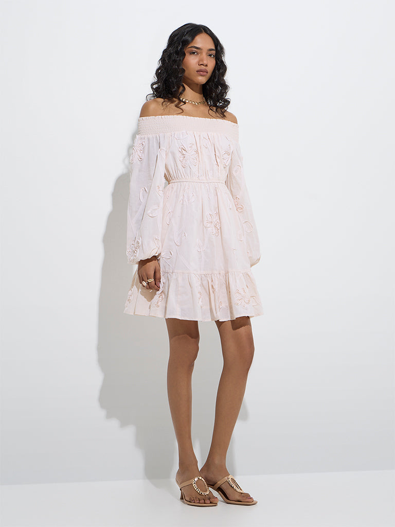 Westside LOV Women's Off-White Floral Cotton Off-Shoulder Dress for Casual Wear Full Model View