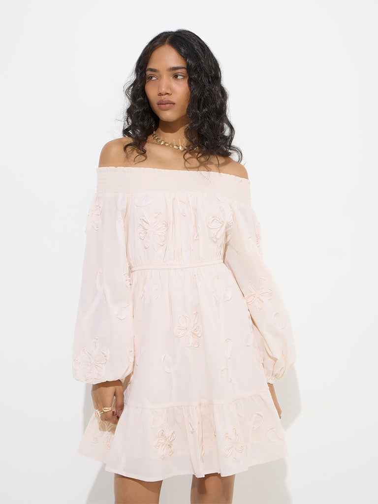Westside LOV Women's Off-White Floral Cotton Off-Shoulder Dress for Casual Wear Front  View