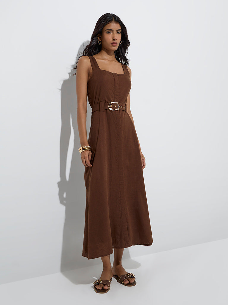 Westside LOV Women's Dark Brown A-Line Dress with Belt for Casual Wear Full Model View