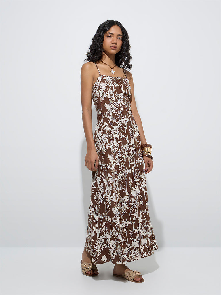 Westside LOV Women's Dark Brown Botanical Design A-Line Dress for Casual Wear Front View