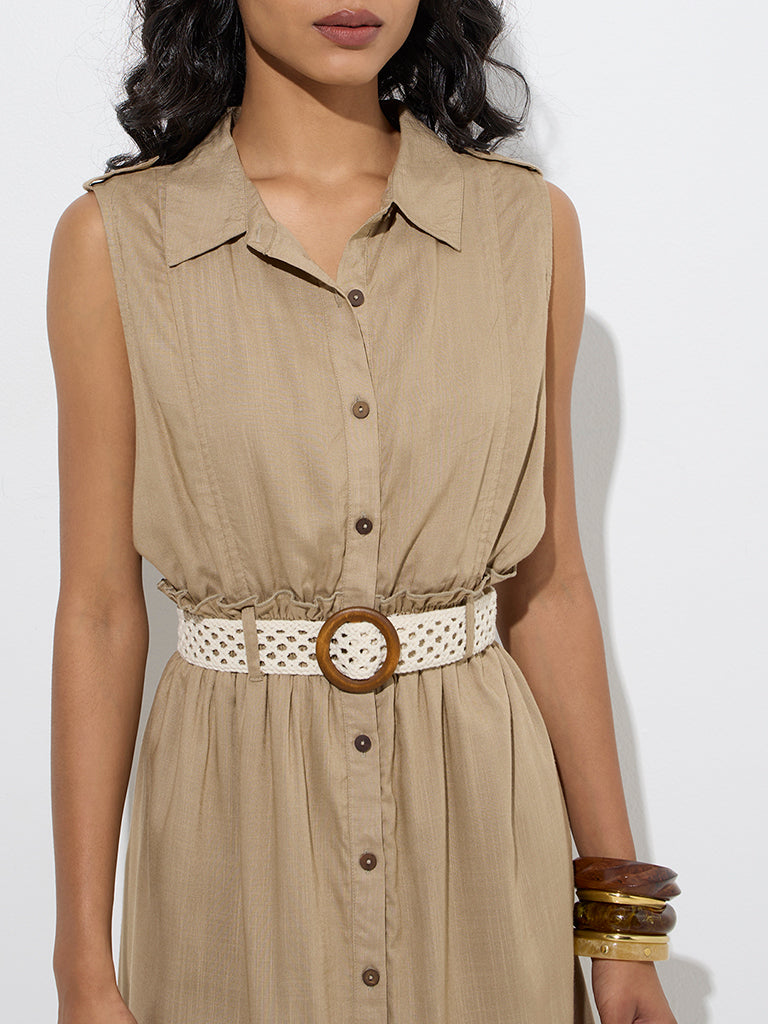 Westside LOV Women's Khaki Solid Linen Shirt Dress with Belt for Casual Wear Zoom View