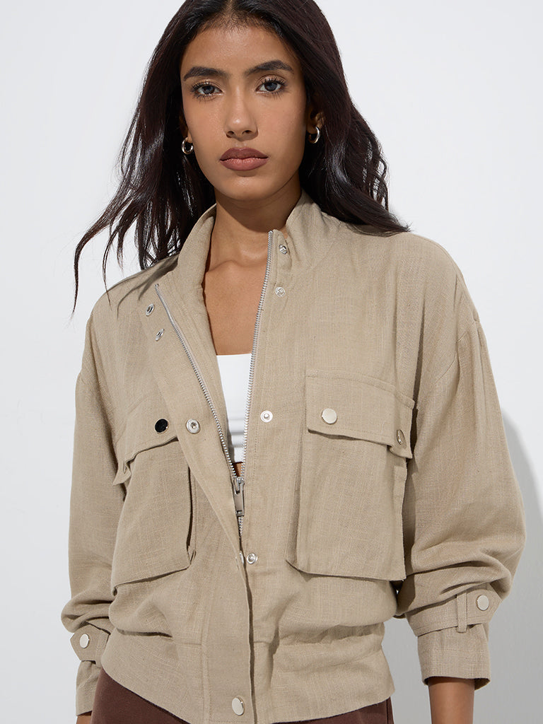 Westside LOV Women's Khaki Solid Jacket for Casual Wear Zoom View