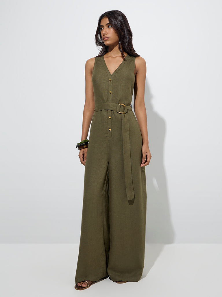 Westside LOV Women's Olive Solid Linen-Blend Jumpsuit with Belt for Casual Wear Full Model View