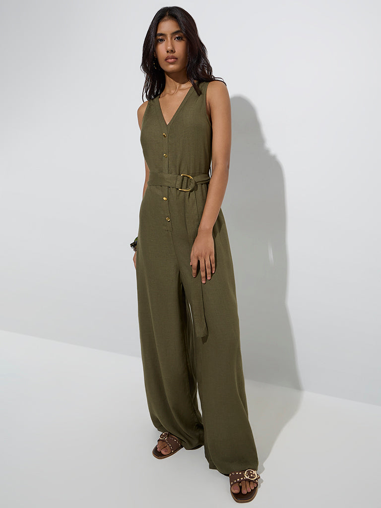 Westside LOV Women's Olive Solid Linen-Blend Jumpsuit with Belt for Casual Wear Front View