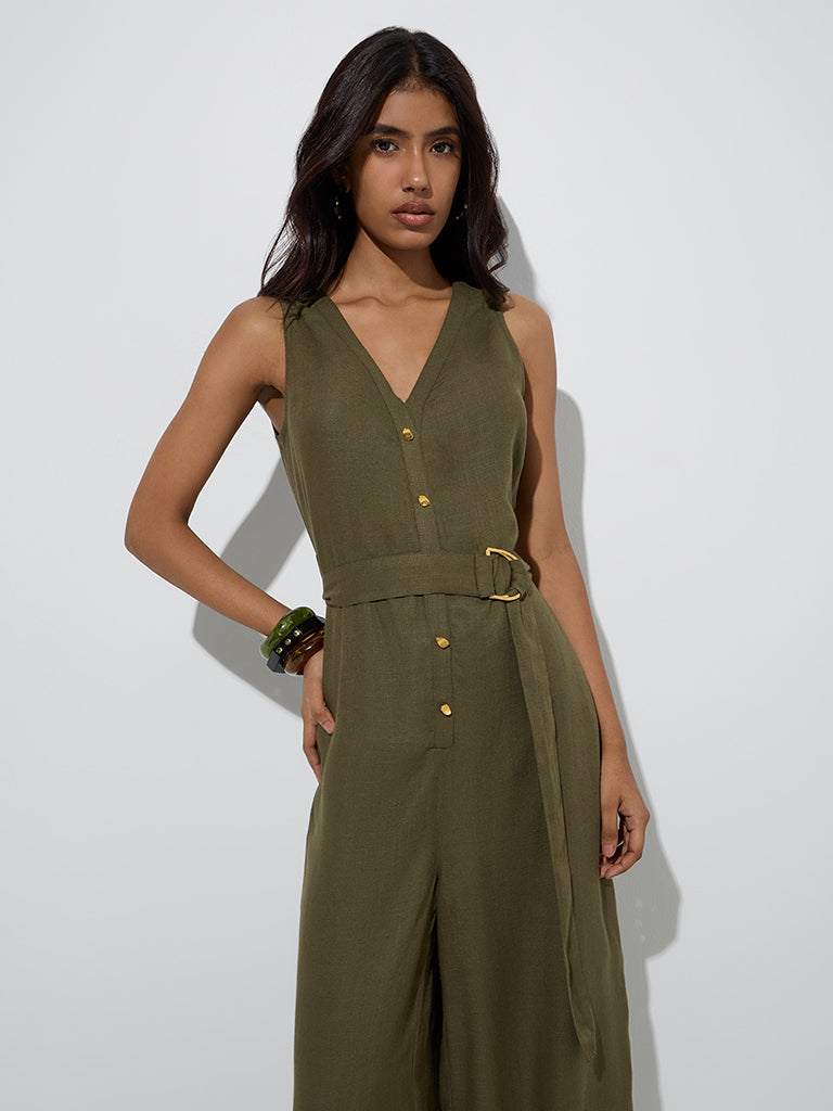 Westside LOV Women's Olive Solid Linen-Blend Jumpsuit with Belt for Casual Wear Zoom View