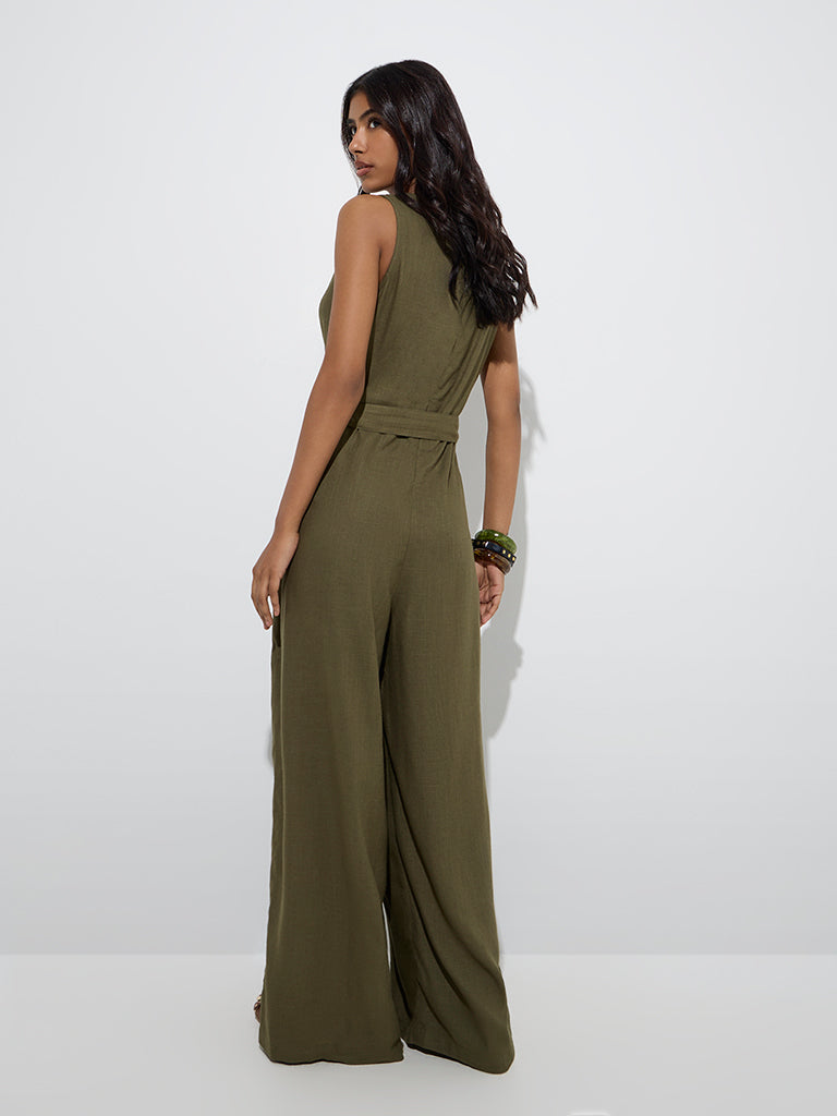 Westside LOV Women's Olive Solid Linen-Blend Jumpsuit with Belt for Casual Wear Back View