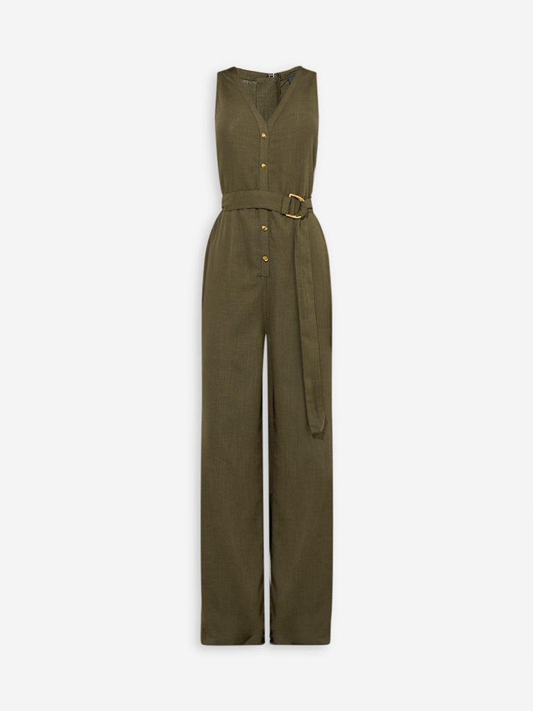 Westside LOV Women's Olive Solid Linen-Blend Jumpsuit with Belt for Casual Wear Flatly View