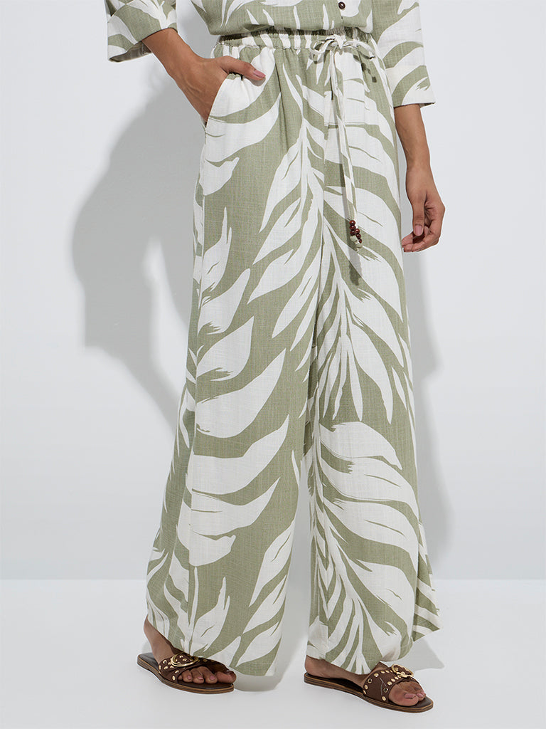 Westside LOV Women's Sage Botanical Pattern Trousers for Casual Wear Front  View