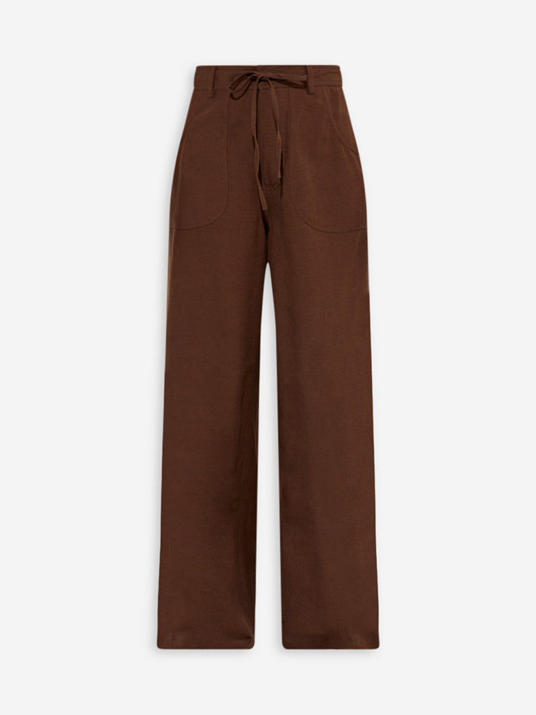 Westside LOV Women's Brown Solid Mid-Rise Linen Pants for Casual Wear Flatly View