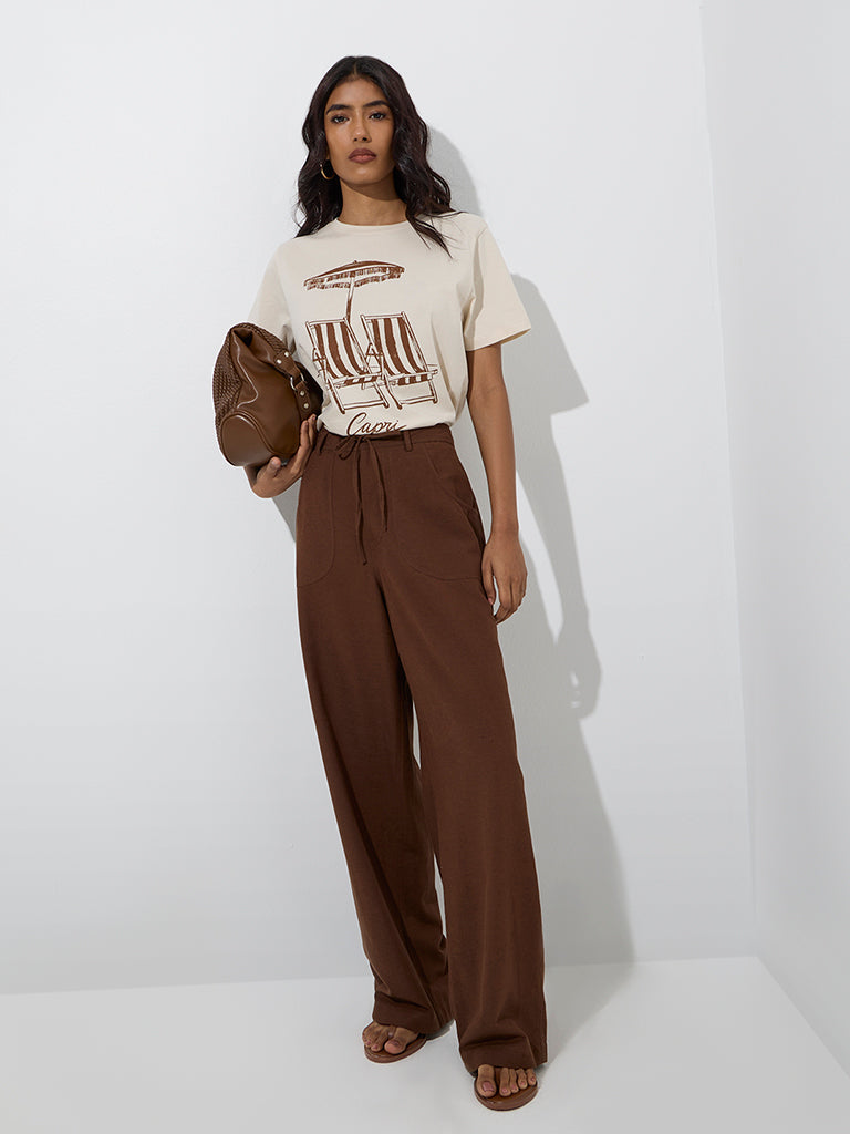 Westside LOV Women's Brown Solid Mid-Rise Linen Pants for Casual Wear Full Model View