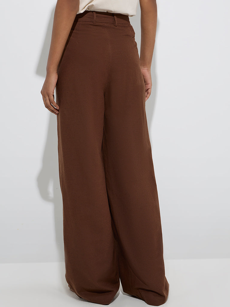 Westside LOV Women's Brown Solid Mid-Rise Linen Pants for Casual Wear Back View