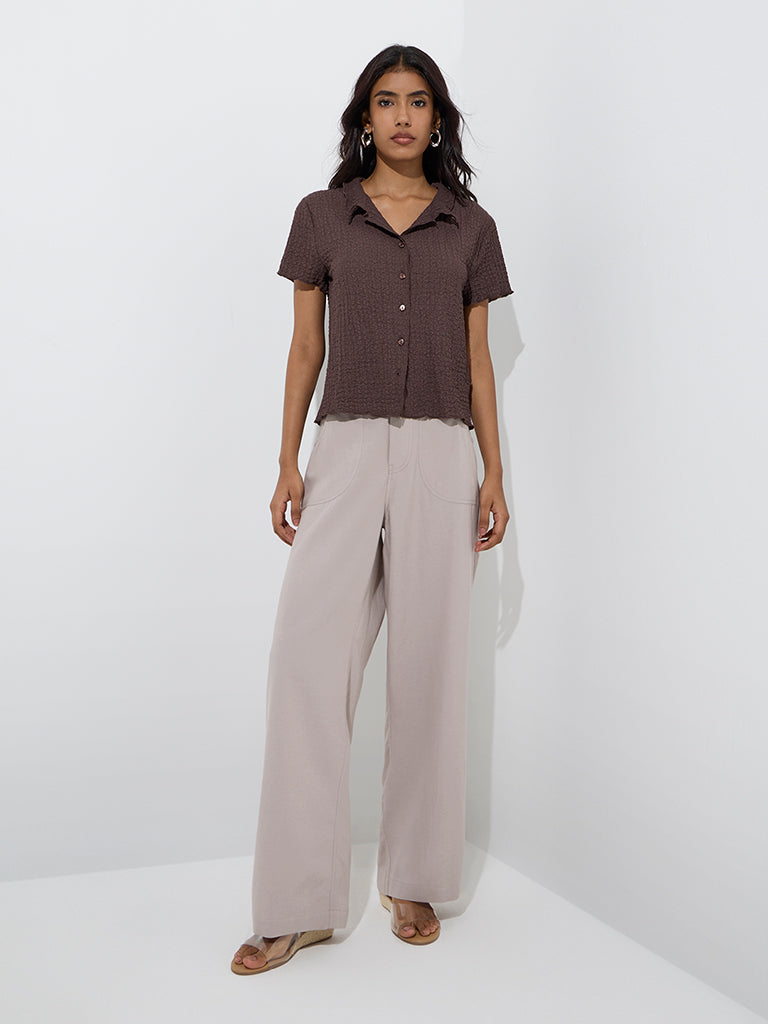 Westside LOV Women's Grey Solid High-Rise Linen Pants for Casual Wear Full Model View
