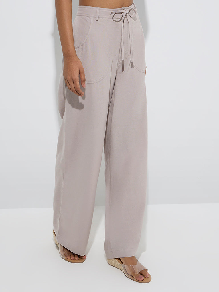 Westside LOV Women's Grey Solid High-Rise Linen Pants for Casual Wear Front View
