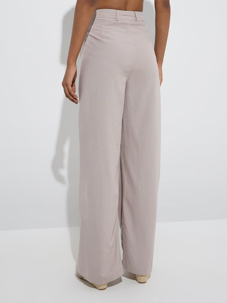 Westside LOV Women's Grey Solid High-Rise Linen Pants for Casual Wear Back View