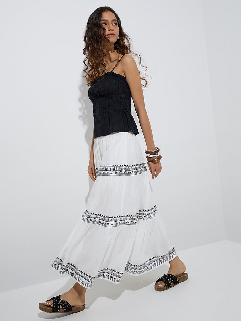 Westside Bombay Paisley Women's White Printed Cotton Tiered Skirt for Everyday Full Model View
