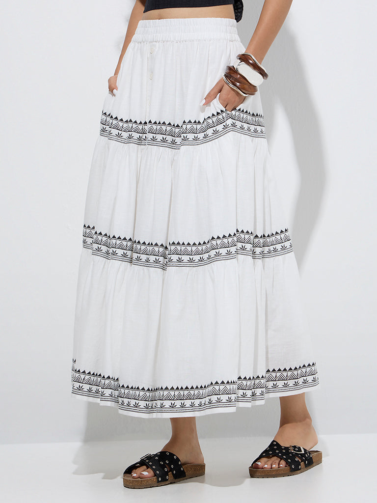 Westside Bombay Paisley Women's White Printed Cotton Tiered Skirt for Everyday Front View