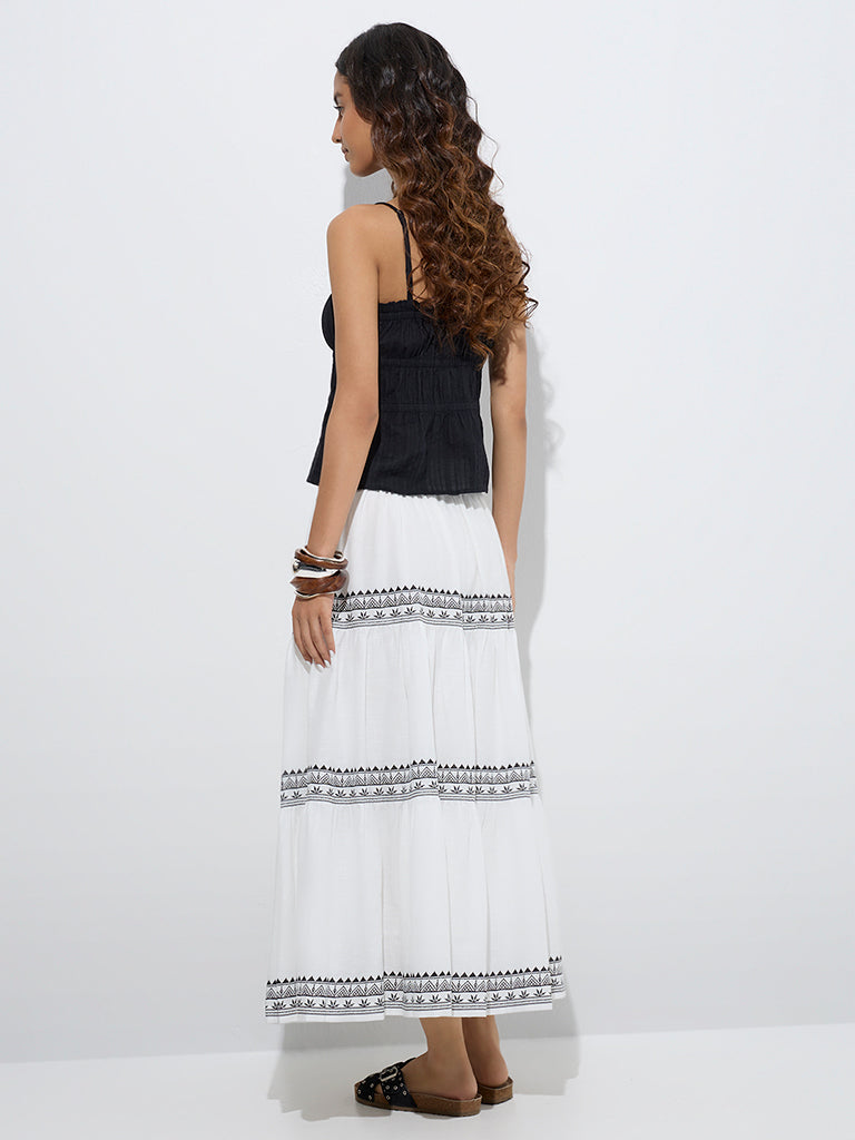 Westside Bombay Paisley Women's White Printed Cotton Tiered Skirt for Everyday Back View