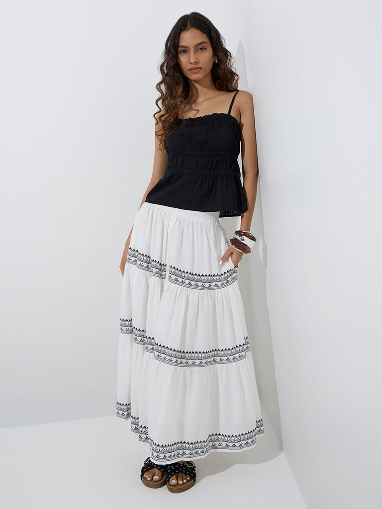 Westside Bombay Paisley Women's Black Smocked Cotton Top for Everyday Full Model View