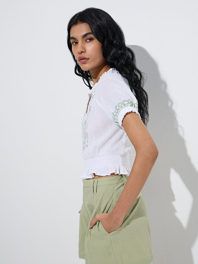 Westside Bombay Paisley Women's White Embroidered Cotton Top for Everyday Front  View