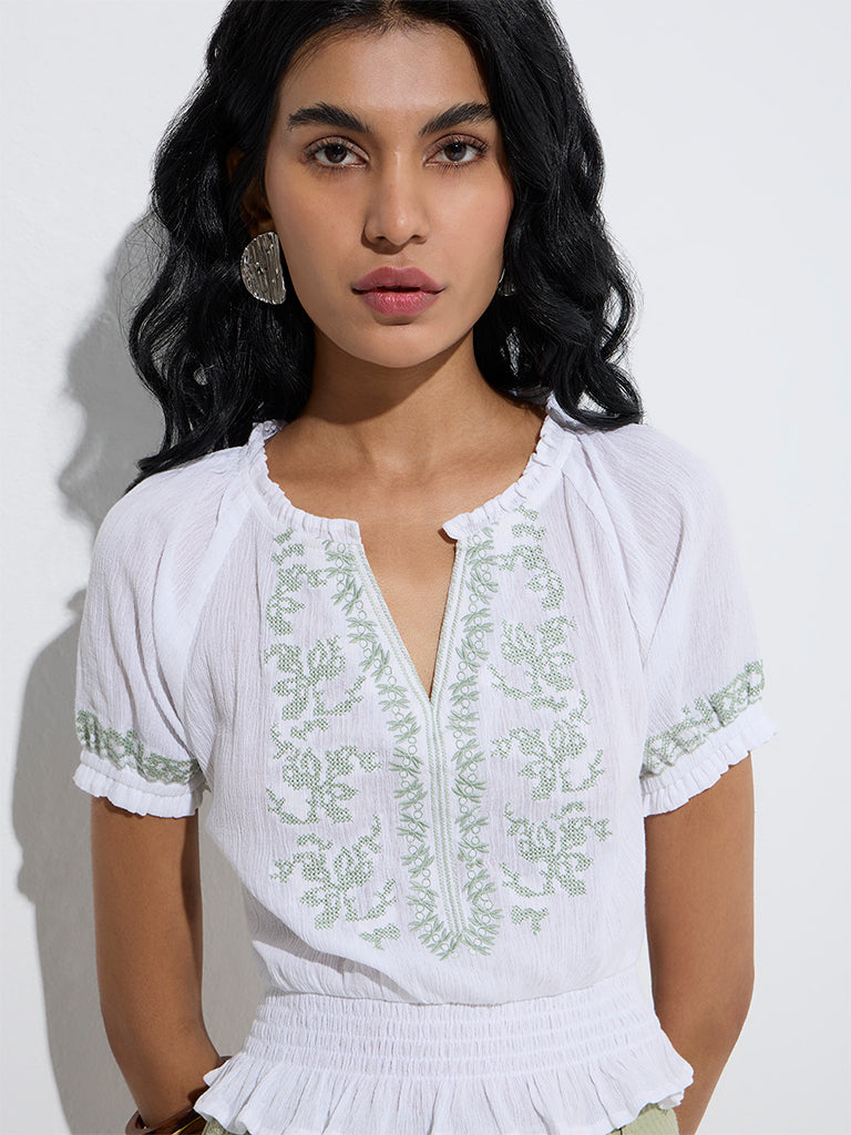 Westside Bombay Paisley Women's White Embroidered Cotton Top for Everyday Zoom View