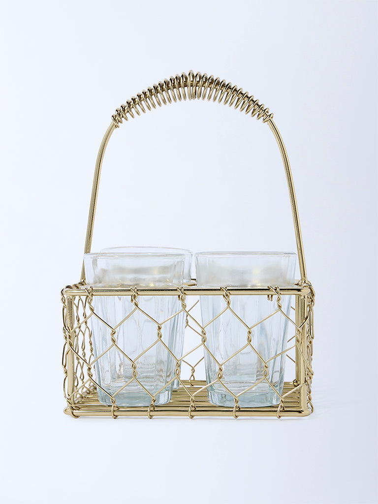 Westside Home Gold Wired Chai Caddy with Four Glasses